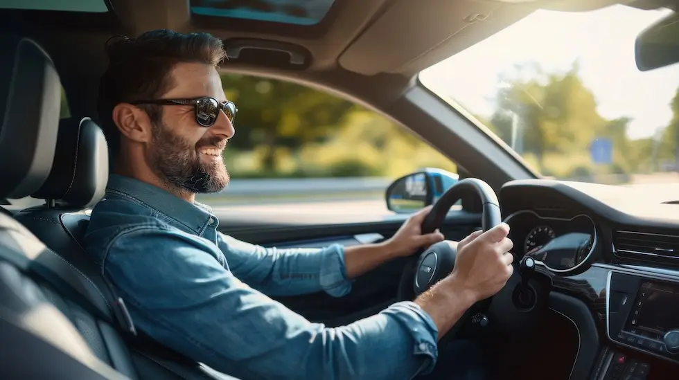 Satisfied man driving a car in Spain