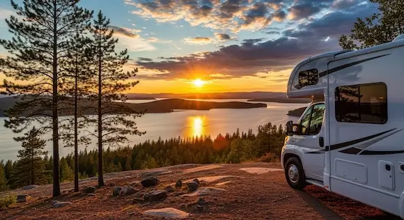 Campervan parked on a hill overlooking a lake at sunset, surrounded by trees and nature.