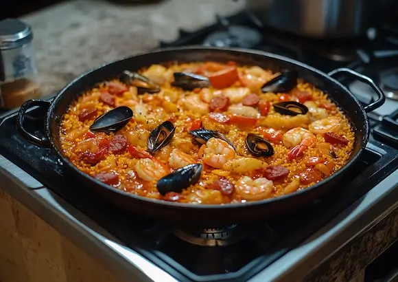 Traditional Spanish arroz a banda with seafood, mussels, prawns and rice served in a paella-style pan.