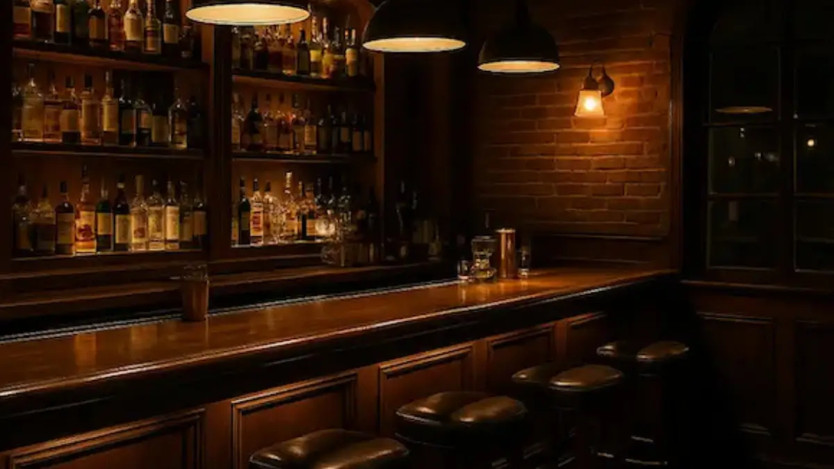 Interior of a stylish Benidorm bar at night with warm lighting, a wooden counter, leather stools, and a well-stocked back bar.