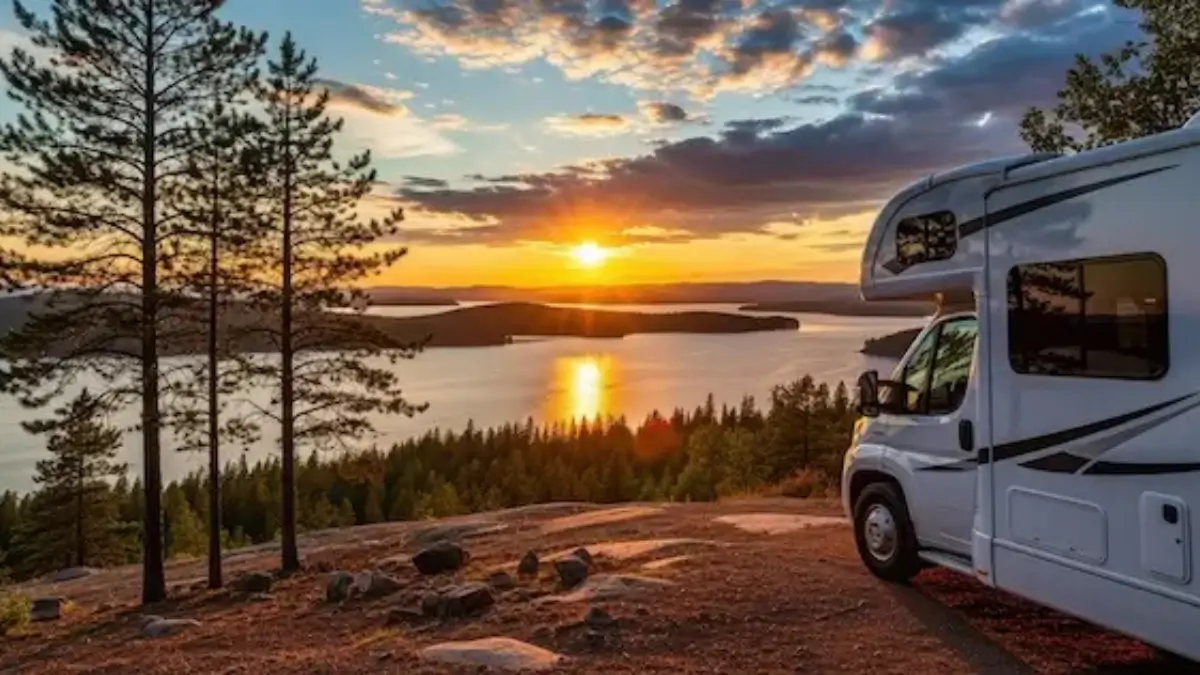 Campervan parked on a hill overlooking a lake at sunset, surrounded by trees and nature.