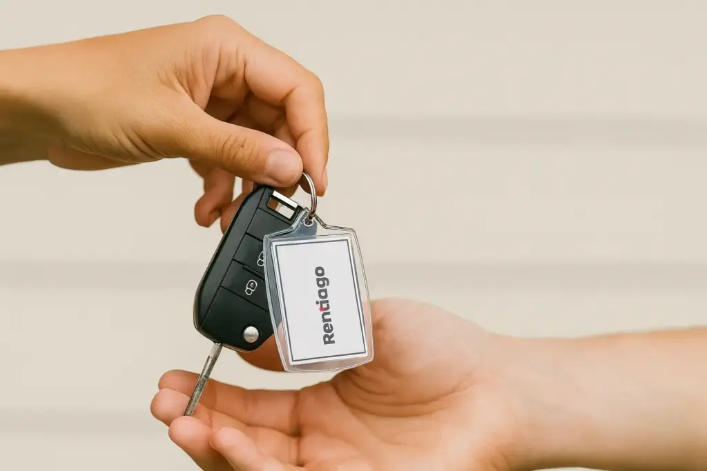 Car rental key being handed over with a Rentiago keychain, representing car hire with additional drivers.