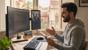 Remote worker in Spain using multiple screens while managing a side hustle from home in 2026.
