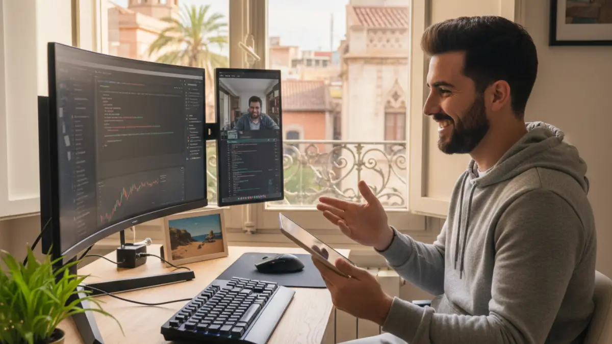 Remote worker in Spain using multiple screens while managing a side hustle from home in 2026.