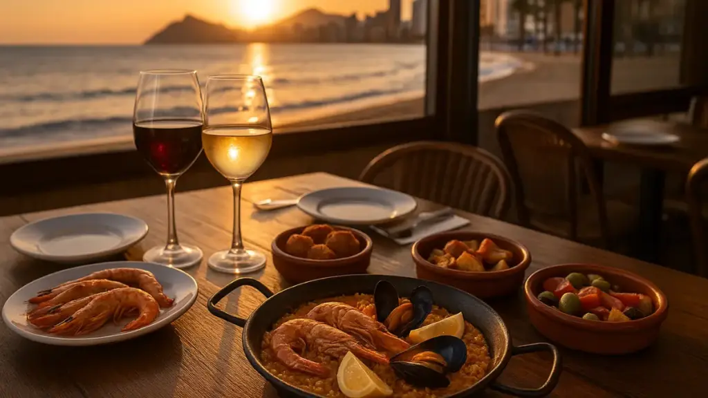 Seafood paella, tapas, and wine served on a wooden table at sunset overlooking Benidorm’s Levante Beach.