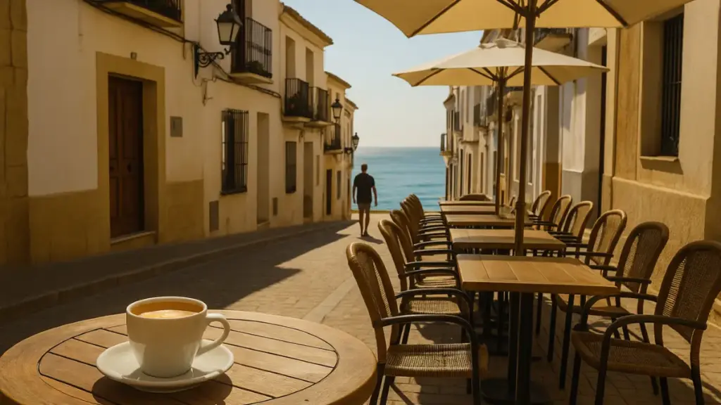 Outdoor café terrace in Benidorm Old Town with wooden tables, cappuccino, and a view of the Mediterranean Sea on a sunny morning.