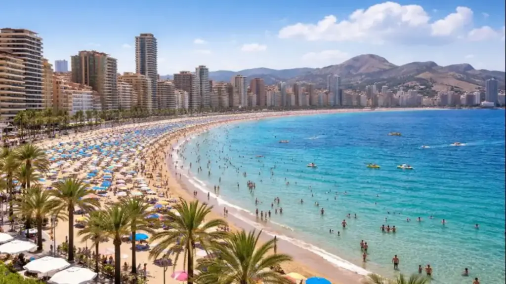 Sunny summer view of Benidorm’s Levante Beach with turquoise sea, palm-lined promenade and the city skyline in the background