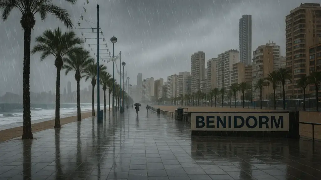Rainy day on the Benidorm Levante promenade with wet pavement and high-rise buildings.