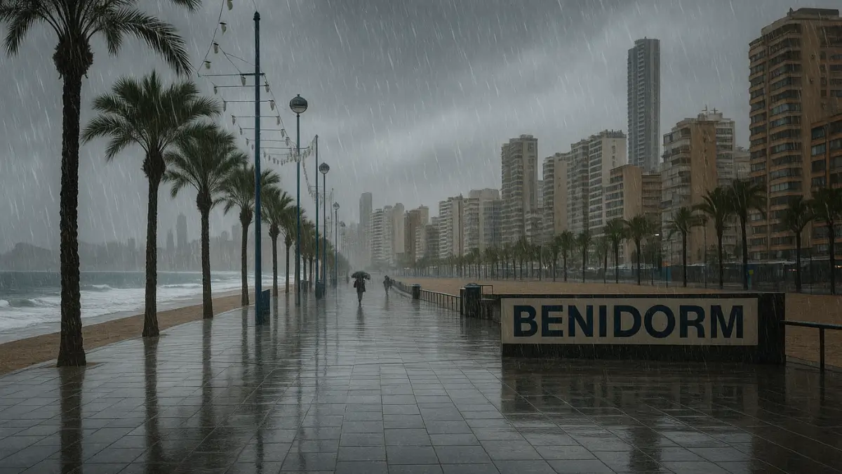 Rainy day on the Benidorm Levante promenade with wet pavement and high-rise buildings.