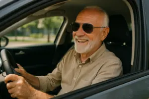 Happy senior man driving a rental car in Spain with sunglasses