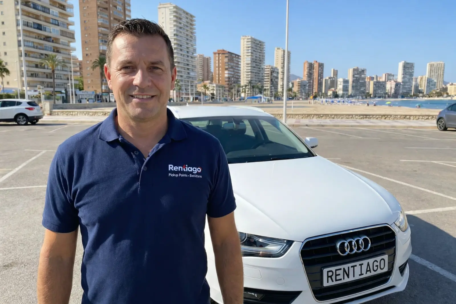 Socio de la franquicia de alquiler de coches Rentiago junto a un vehículo en España