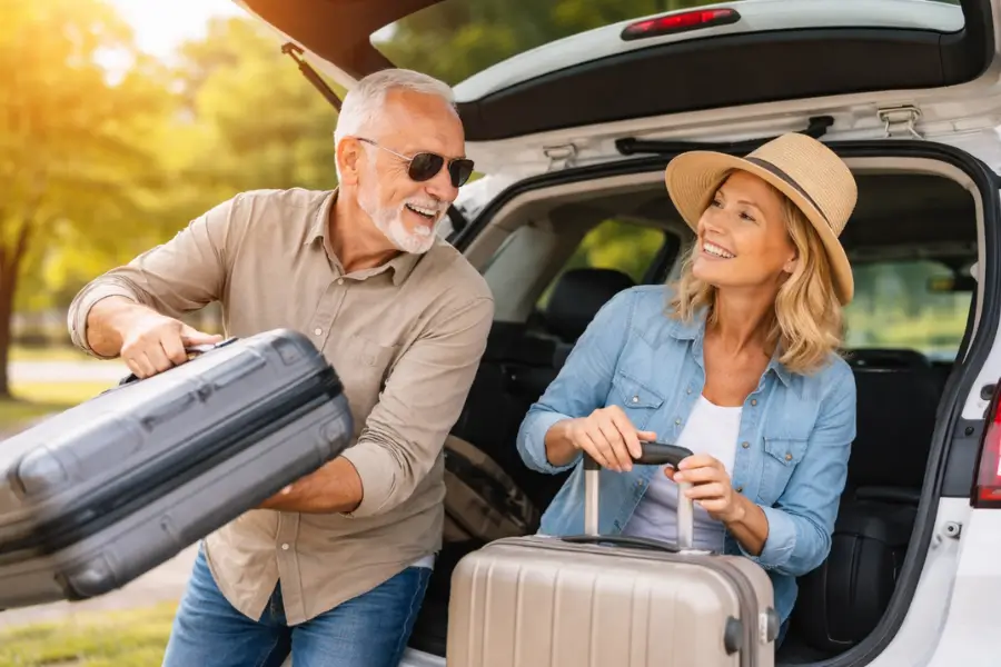 Happy couple loading luggage into rental car trunk – flexibility package with free cancellation up to 24 hours by Rentiago