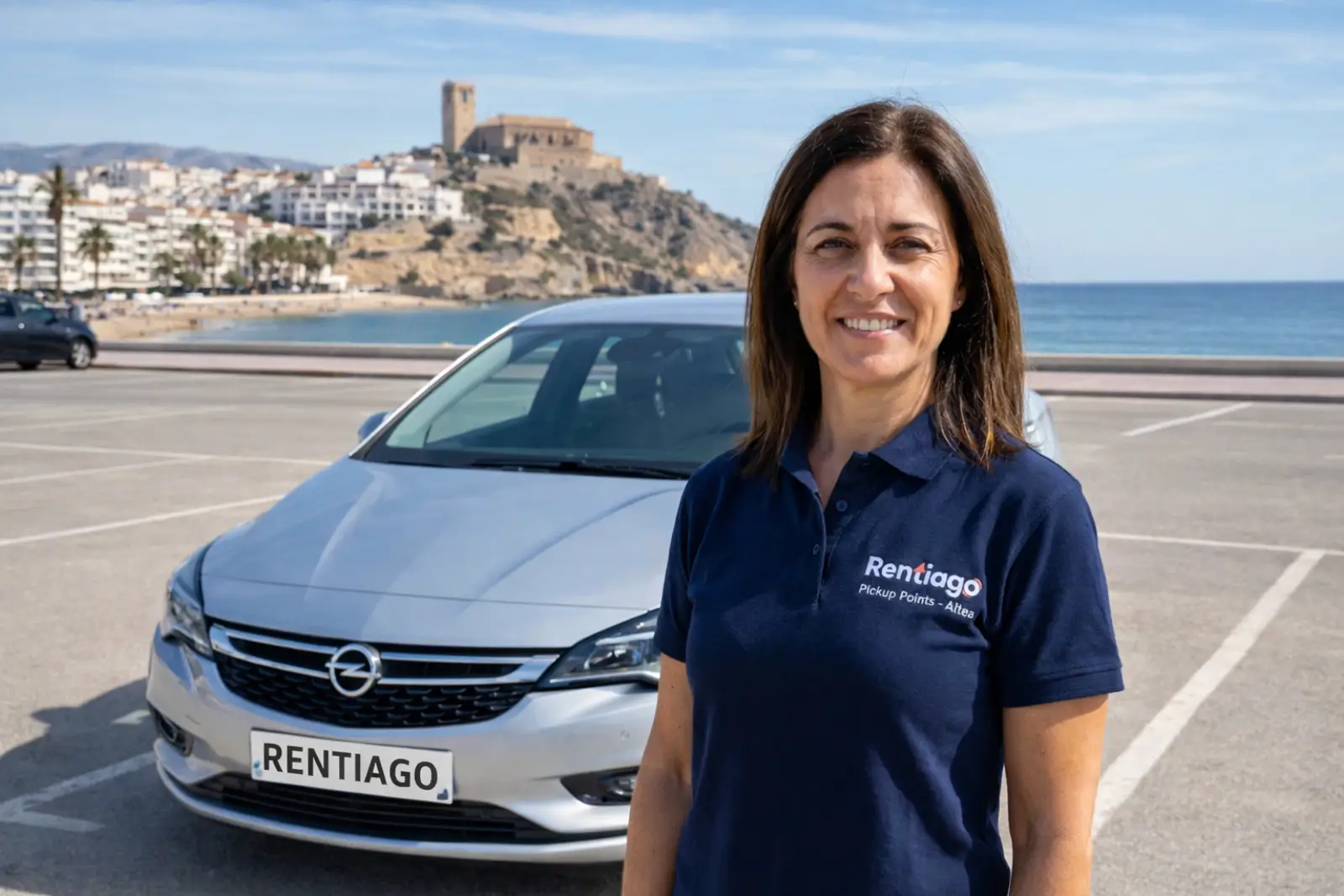 Miembro del equipo de franquicia de Rentiago junto a un coche de alquiler en España