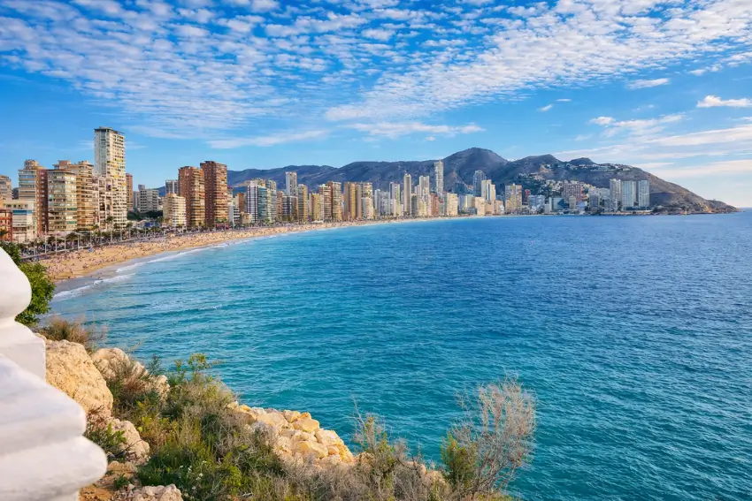 Benidorm skyline and Levante Beach on the Costa Blanca in Spain