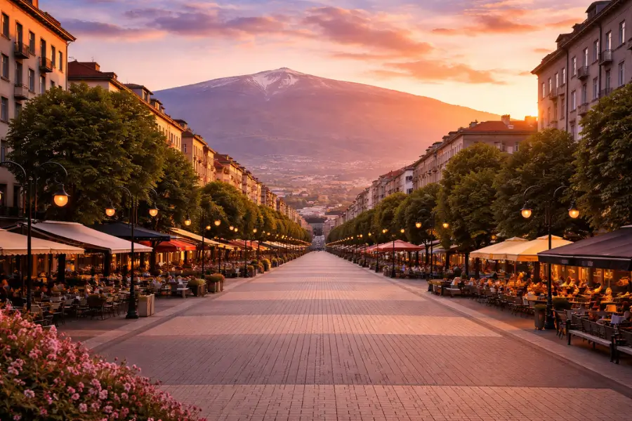 Car hire in Sofia Bulgaria with Vitosha Boulevard and mountain view at sunset