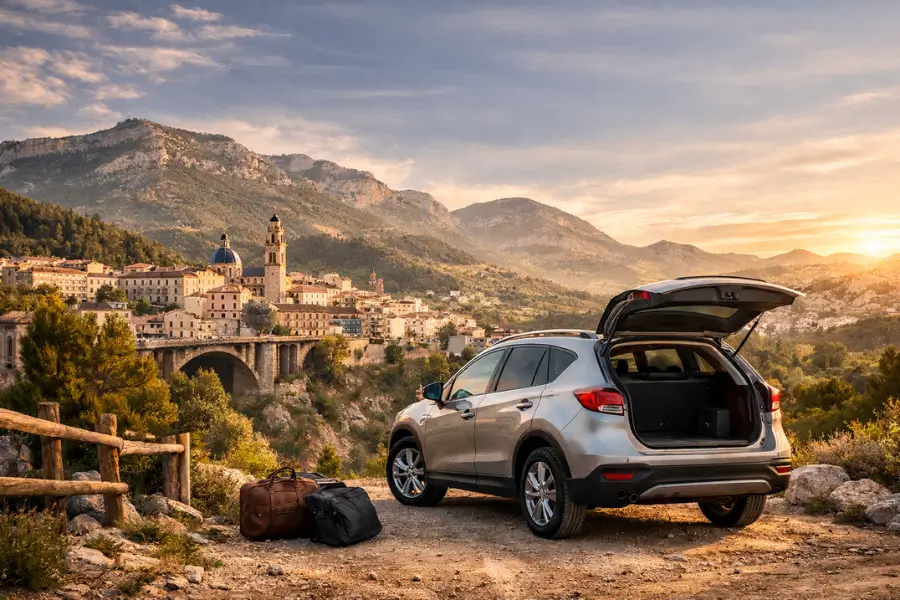 Rental car in Alcoy with mountain view and historic town in the background – Rentiago car hire in inland Costa Blanca