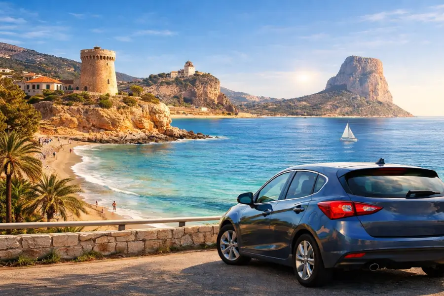 Coastal road view near El Campello with rental car overlooking Mediterranean beach and cliffs – Rentiago car hire Costa Blanca