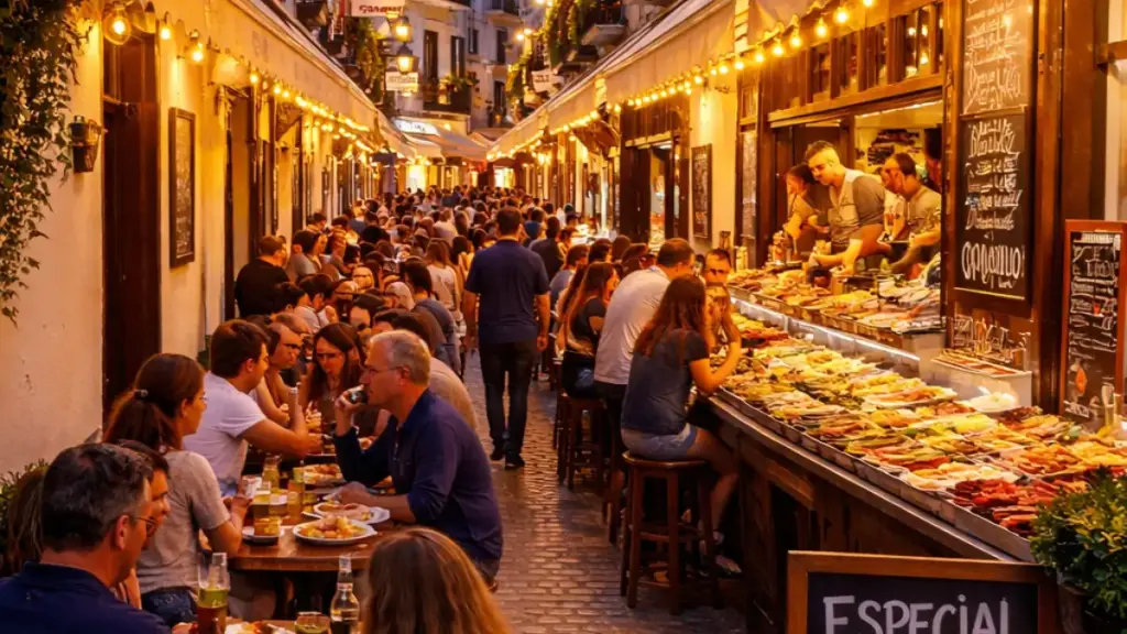 Belebte Tapas-Gasse in der Altstadt von Benidorm, in der Menschen auf der Calle Santo Domingo speisen und spanische Tapas genießen.