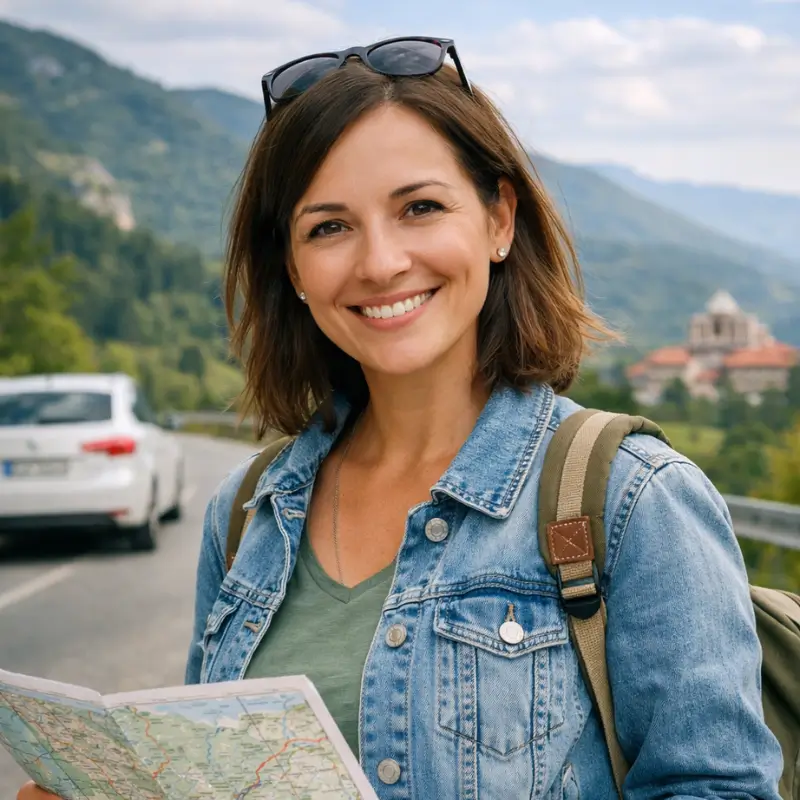 Elena, Bulgaria travel and mobility expert, exploring scenic mountain roads with a rental car
