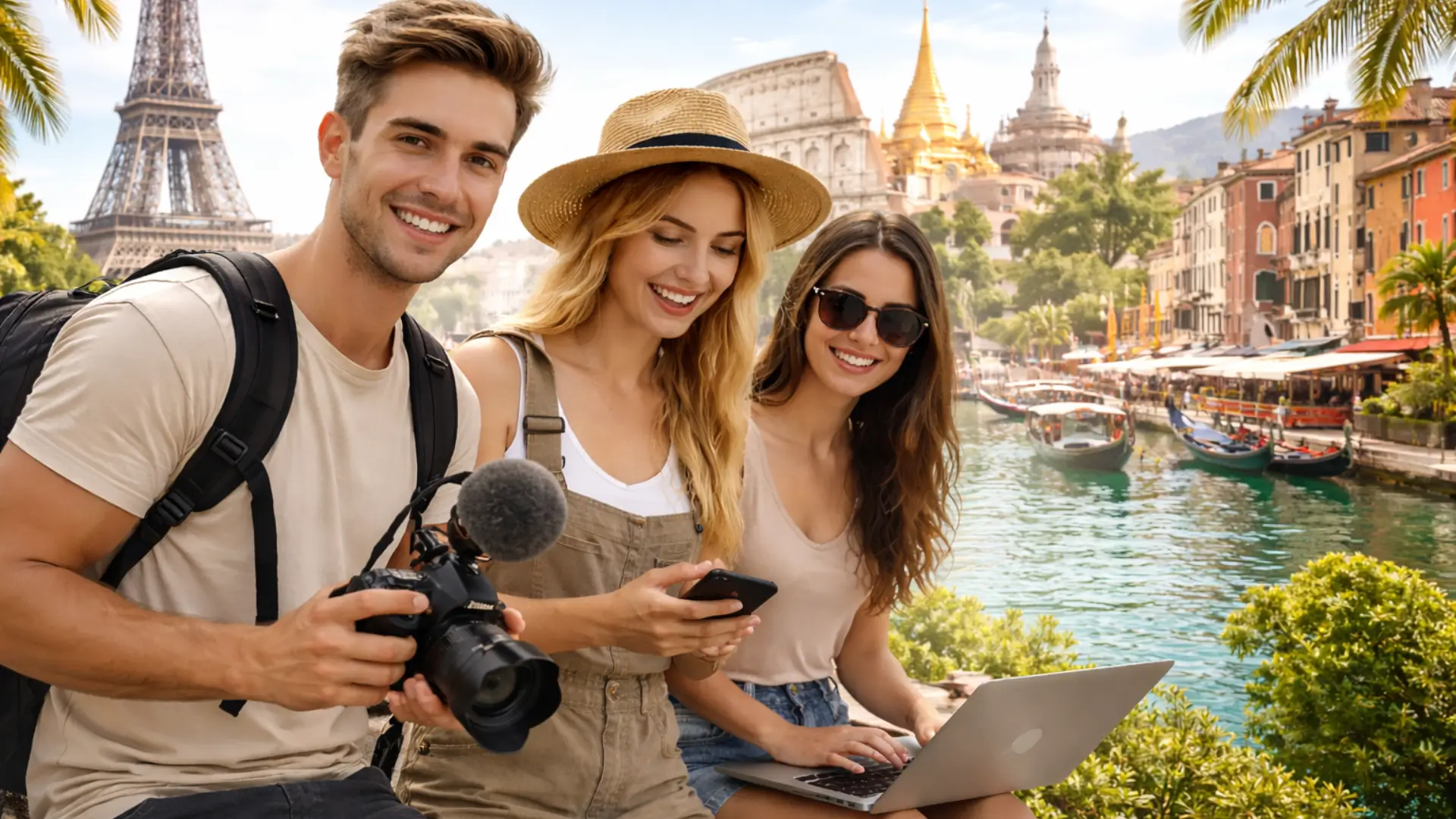 Travel content creators working on laptop and camera during a trip – Car rental affiliate program in Europe with Rentiago platform