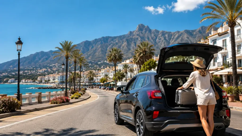 Traveler loading luggage into a rental car on Marbella’s coastal promenade on the Costa del Sol
