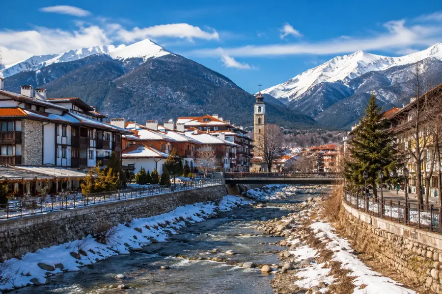 Scenic view of Bansko ski resort with the Pirin Mountains in Bulgaria