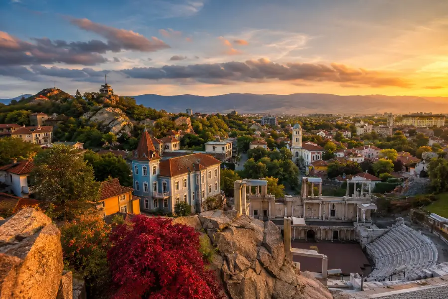 Panoramic view of Plovdiv Old Town and the Ancient Roman Theatre in Bulgaria