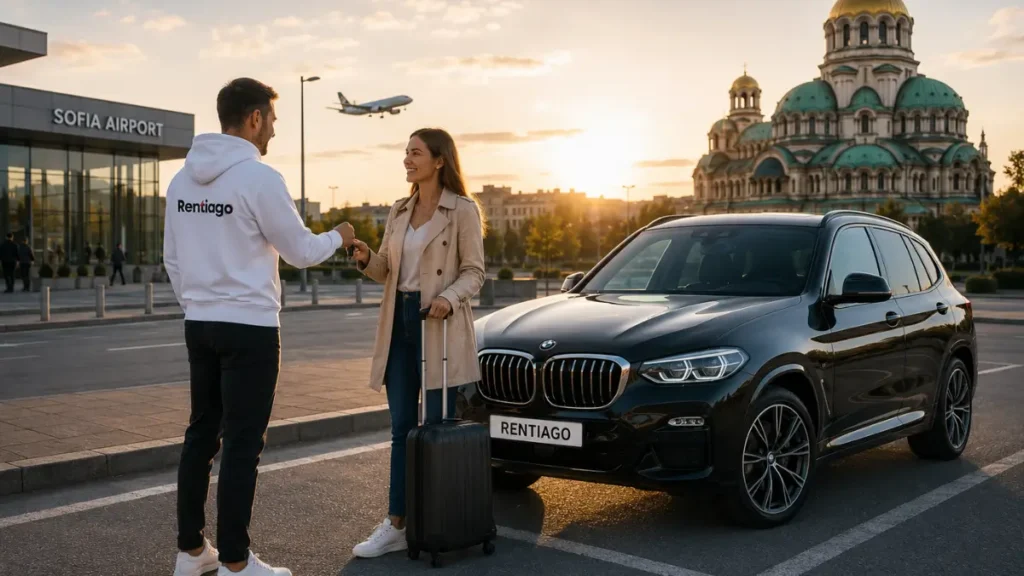 Meet & Greet Mietwagenübergabe durch Rentiago in Sofia mit BMW-SUV und persönlichem Kundenservice