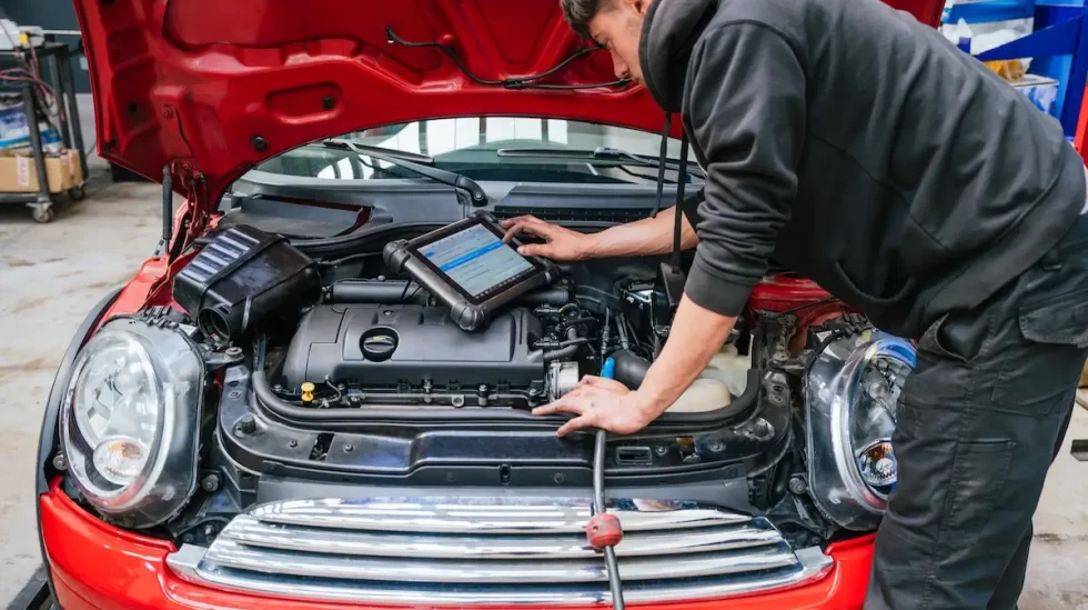 Mechanic checking car before purchasing in Spain